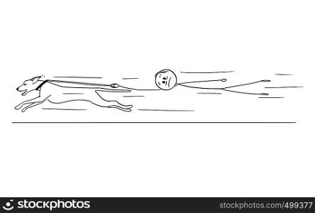 Cartoon stick figure drawing conceptual illustration of man holding running dog on the leash and flying or waving behind the animal.. Cartoon of Man Holding Running Dog on Leash and Flying