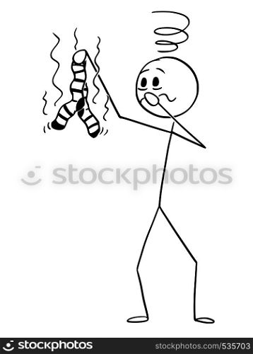 Cartoon stick figure drawing conceptual illustration of man holding stinking, stinky or smelly pair of dirty socks and feels sick because of the smell.. Cartoon of man Holding Stinking or Stinky Dirty Socks