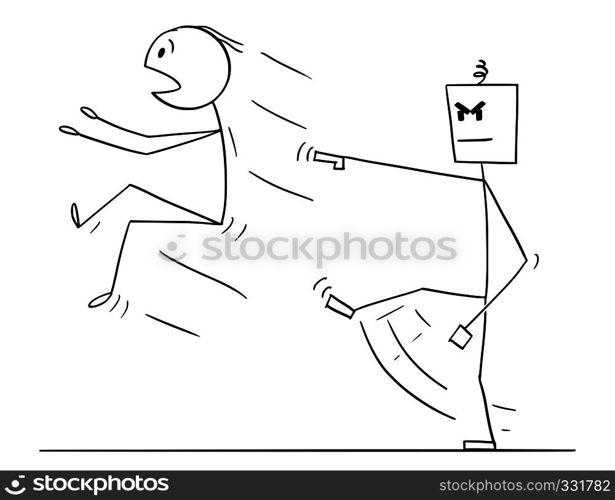 Cartoon stick figure drawing conceptual illustration of man kicked out or replaced by artificial intelligence humanoid robot. Metaphor of AI replacing human.. Cartoon of Man Kicked Out by Robot or Artificial Intelligence