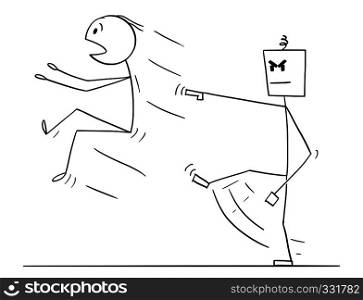 Cartoon stick figure drawing conceptual illustration of man kicked out or replaced by artificial intelligence humanoid robot. Metaphor of AI replacing human.. Cartoon of Man Kicked Out by Robot or Artificial Intelligence