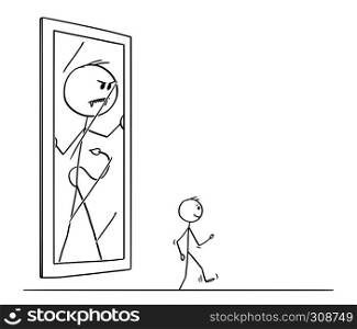 Cartoon stick figure drawing conceptual illustration of man leaving his demon or devil yourself or personality in the mirror. Concept of schizophrenia or mental disorder.. Cartoon of Happy Man Leaving His Demon or Devil in The Mirror