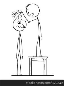 Cartoon stick figure drawing conceptual illustration of man looking in to empty head of crazy or dull man finding no brain inside or brainless.. Cartoon of Man Looking in to Empty Head of Crazy or Dull Brainless Man