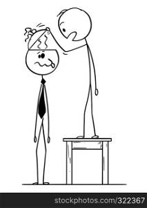 Cartoon stick figure drawing conceptual illustration of man looking in to empty head of crazy or dull businessman or politician finding no brain inside or brainless.. Cartoon of Man Looking in to Empty Head of Crazy or Dull Brainless Businessman or Politician