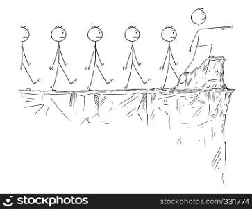 Cartoon stick figure drawing conceptual illustration of man or businessman in heroic pose standing on the edge of the cliff and pointing forward, leading crowd of followers.. Cartoon of Man or Businessman Standing on the Edge of Cliff and Leading Crowd of Followers