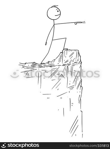 Cartoon stick figure drawing conceptual illustration of man or businessman in heroic pose standing on the edge of the cliff and pointing forward.. Cartoon of Man or Businessman Standing on the Edge of Cliff and Pointing