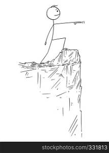 Cartoon stick figure drawing conceptual illustration of man or businessman in heroic pose standing on the edge of the cliff and pointing forward.. Cartoon of Man or Businessman Standing on the Edge of Cliff and Pointing