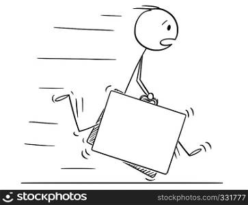 Cartoon stick figure drawing conceptual illustration of man or businessman in hurry running with two big classic suitcases in hands.. Cartoon of Man or Businessman In Hurry Running With Two Big Suitcases