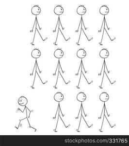 Cartoon stick figure drawing conceptual illustration of man or businessman individuality standing out of crowd or group of same uniform business people walking same direction.. Cartoon of Man or Businessman Individuality Standing Out of Crowd
