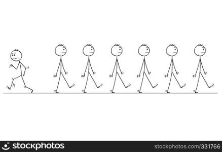 Cartoon stick figure drawing conceptual illustration of man or businessman individuality standing out of crowd or group of same uniform business people walking same direction.. Cartoon of Man or Businessman Individuality Standing Out of Crowd