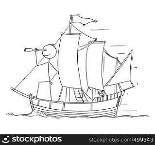 Cartoon stick figure drawing conceptual illustration of man or businessman standing as captain on the deck of sailing boat and looking through spyglass. Business concept of planning and future.. Cartoon of Man or Businessman Standing as Captain on the Sailing Boat Deck and Looking Through Spyglass
