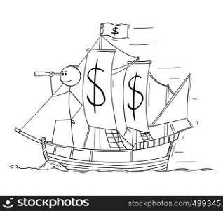 Cartoon stick figure drawing conceptual illustration of man or businessman standing as captain on the deck of sailing boat with dollar currency symbols and looking through spyglass. Business concept of planning and future.. Cartoon of Man or Businessman Standing as Captain on the Sailing Boat Dollar Currency Deck and Looking Through Spyglass