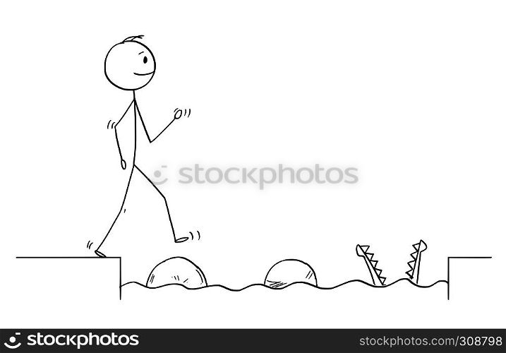Cartoon stick figure drawing conceptual illustration of man or businessman stepping on big stones to get over water obstacle on his way to success ignoring danger.Business concept.. Cartoon of Man or Businessman Walking on Stones to Get Over Water Obstacle