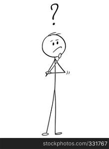 Cartoon stick figure drawing conceptual illustration of man or businessman thinking about problem solution or strategy.. Cartoon of Man or Businessman Thinking About Problem Solution or Strategy