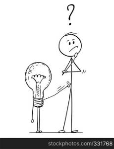 Cartoon stick figure drawing conceptual illustration of man or businessman thinking about problem or strategy. Lightbulb or light bulb is tapping on him to offer solution.. Cartoon of Man or Businessman Thinking About Problem, Light Bulb is Tapping on Him