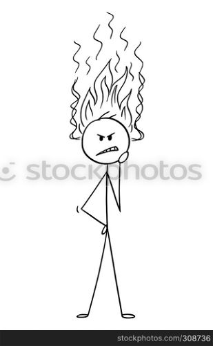 Cartoon stick figure drawing conceptual illustration of man or businessman thinking hard about problem with his hot head burning with flames.. Cartoon of Man or Businessman Thinking Hard With His Hot Head Burning With Flames