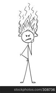Cartoon stick figure drawing conceptual illustration of man or businessman thinking hard about problem with his hot head burning with flames.. Cartoon of Man or Businessman Thinking Hard With His Hot Head Burning With Flames