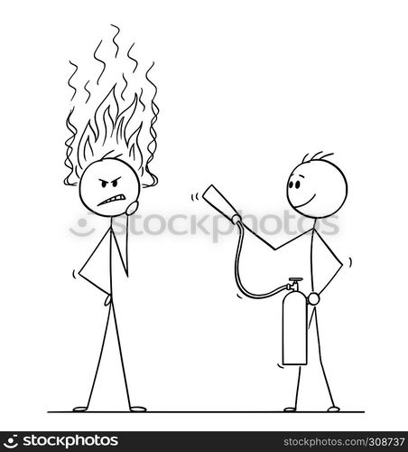 Cartoon stick figure drawing conceptual illustration of man or businessman thinking hard about problem with flames coming from head. Another man with fire extinguisher is ready to stop his thinking.. Cartoon of Man or Businessman Thinking Hard With Flames Coming From Head, Another Man With Fire Extinguisher