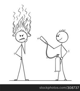 Cartoon stick figure drawing conceptual illustration of man or businessman thinking hard about problem with flames coming from head. Another man with fire extinguisher is ready to stop his thinking.. Cartoon of Man or Businessman Thinking Hard With Flames Coming From Head, Another Man With Fire Extinguisher