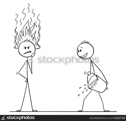 Cartoon stick figure drawing conceptual illustration of man or businessman thinking hard about problem with flames coming from head. Competitor with bucket of water is ready to cool him down and stop his innovation.. Cartoon of Man or Businessman Thinking Hard With Flames Coming From Head, Another Man With Bucket of Water is Ready to Cool Him Down.