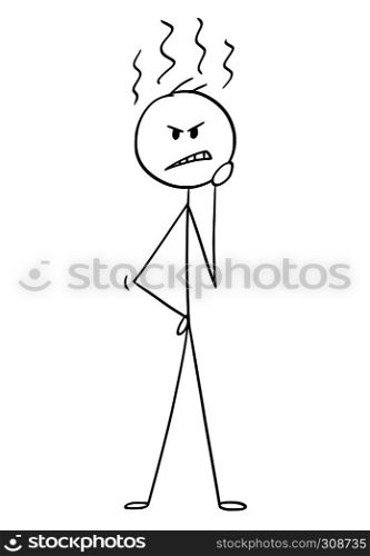 Cartoon stick figure drawing conceptual illustration of man or businessman with hot brain thinking hard about problem with smoke coming from head.. Cartoon of Angry Man or Businessman Thinking