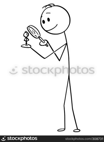 Cartoon stick figure drawing conceptual illustration of man or businessman with small character standing on his hand and watching him with magnifying glass.. Cartoon of Man or Businessman Watching Small Character on His Hand With Magnifying Glass