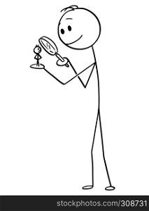 Cartoon stick figure drawing conceptual illustration of man or businessman with small character standing on his hand and watching him with magnifying glass.. Cartoon of Man or Businessman Watching Small Character on His Hand With Magnifying Glass