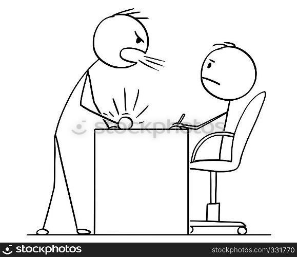 Cartoon stick figure drawing conceptual illustration of man or businessman yelling or screaming at boss, clerk or subordinate sitting behind office desk or table.. Cartoon of Man or Businessman Yelling at Boss or Clerk or Subordinate Sitting Behind Table