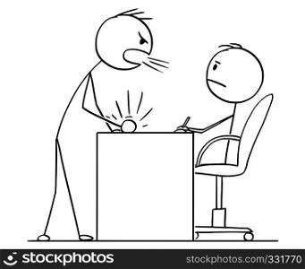 Cartoon stick figure drawing conceptual illustration of man or businessman yelling or screaming at boss, clerk or subordinate sitting behind office desk or table.. Cartoon of Man or Businessman Yelling at Boss or Clerk or Subordinate Sitting Behind Table