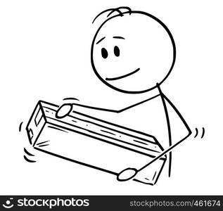 Cartoon stick figure drawing conceptual illustration of man packing or unpacking cardboard paper box or package.. Cartoon of Man Packing or Unpacking Cardboard Paper Box or Package