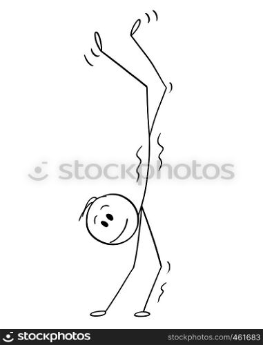 Cartoon stick figure drawing conceptual illustration of man performing a handstand or keeping balance while standing on hands.. Cartoon of Smiling Man Performing a Handstand