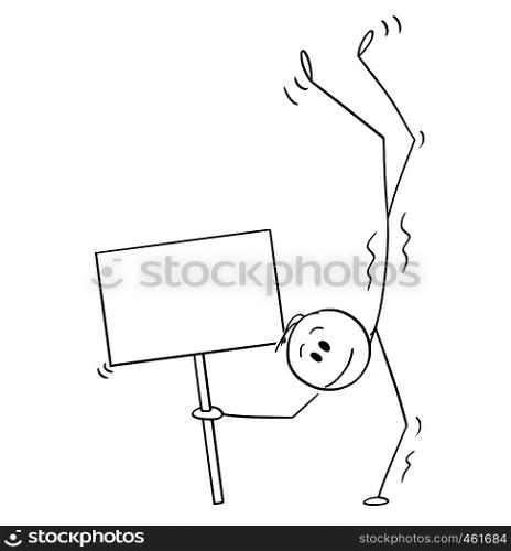 Cartoon stick figure drawing conceptual illustration of man performing a handstand or keeping balance while standing on hands and holding empty sign.. Cartoon of Smiling Man Performing a Handstand and Holding Empty Sign