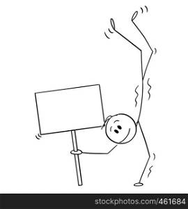 Cartoon stick figure drawing conceptual illustration of man performing a handstand or keeping balance while standing on hands and holding empty sign.. Cartoon of Smiling Man Performing a Handstand and Holding Empty Sign