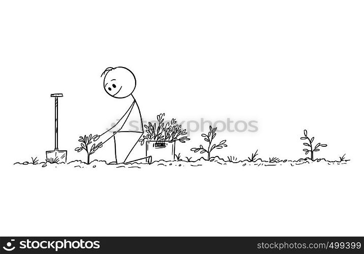 Cartoon stick figure drawing conceptual illustration of man planting small trees as forest for future, nature, environmental and ecology concept.. Cartoon of Man Planting a Small Trees, Creating Forest for Future, Nature, Environmental and Ecology Concept