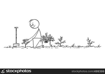 Cartoon stick figure drawing conceptual illustration of man planting small trees as forest for future, nature, environmental and ecology concept.. Cartoon of Man Planting a Small Trees, Creating Forest for Future, Nature, Environmental and Ecology Concept
