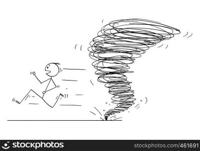 Cartoon stick figure drawing conceptual illustration of man running away from tornado vortex.. Cartoon of Man Running Away From Tornado Vortex