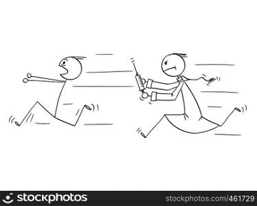 Cartoon stick figure drawing conceptual illustration of man running in panic chased by doctor with injection syringe. Concept of healthcare and vaccination.. Cartoon of Man Running Away from Doctor with Injection Syringe