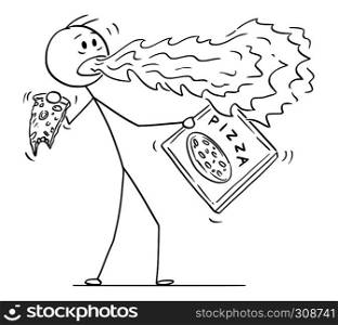 Cartoon stick figure drawing conceptual illustration of man with fire or flame coming from his mouth when eating hot pepper pizza.. Cartoon of Man With Fire Coming Out of His Mouth When Eating Pepper Pizza
