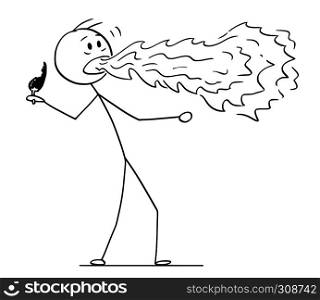 Cartoon stick figure drawing conceptual illustration of man with fire or flame coming from his mouth when eating hot chili pepper.. Cartoon of Man With Fire Coming Out of His Mouth When Eating Hot Chili Pepper
