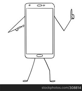 Cartoon stick figure drawing conceptual illustration of mobile phone character pointing at empty display and showing thumb up.. Cartoon of Mobile Phone Character Pointing at Yourself and Showing Thumb Up