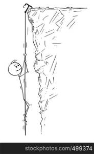 Cartoon stick figure drawing conceptual illustration of mountain climber or man or businessman climbing the mountain, rock or cliff. Extreme sport illustration.. Cartoon of Man or Businessman or Mountain Climber hanging on Rope on the Mountain or Cliff