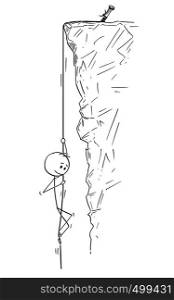 Cartoon stick figure drawing conceptual illustration of mountain climber or man or businessman abseiling or roping down the rock or cliff on the rope.. Cartoon of Man or Businessman Abseiling or Roping Down the Rock or Cliff on the Rope