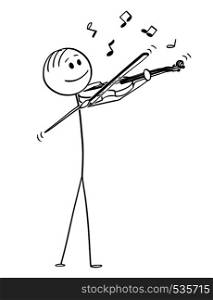 Cartoon stick figure drawing conceptual illustration of musician violinist playing music on violin. Musical notes are coming from the instrument.. Cartoon of Violinist Playing Music on Violin