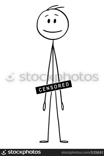 Cartoon stick figure drawing conceptual illustration of naked or nude man with groin, crotch, genitalia or penis covered by censored bar or sign. Metaphor of nudity control.. Cartoon of Naked or Nude Man with Censored Bar or Sign Covering Penis, Genitalia, Groin or Crotch