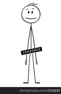 Cartoon stick figure drawing conceptual illustration of naked or nude man with groin, crotch, genitalia or penis covered by censored bar or sign. Metaphor of nudity control.. Cartoon of Naked or Nude Man with Censored Bar or Sign Covering Penis, Genitalia, Groin or Crotch