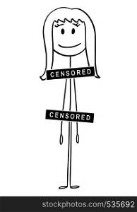 Cartoon stick figure drawing conceptual illustration of naked or nude woman with groin, crotch, genitalia and breasts covered by censored bar or sign. Metaphor of nudity control.. Cartoon of Naked or Nude Woman with Censored Bar or Sign Covering Breasts, Genitalia, Groin or Crotch