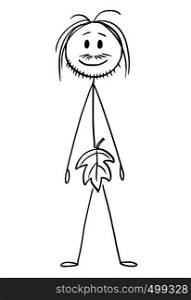 Cartoon stick figure drawing conceptual illustration of native natural man or biblical Adam with crotch or groin or genitals covered by leaf.. Cartoon of Natural Native Man or Biblical Adam with Crotch or Groin Covered by Leaf