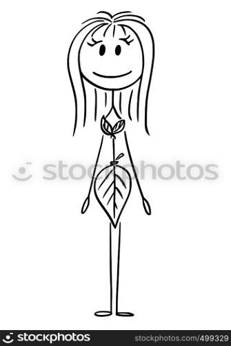 Cartoon stick figure drawing conceptual illustration of native natural woman or biblical Eve with breasts and crotch or groin or genitals covered by leaves.. Cartoon of Natural Native Woman or Biblical Eve with Breasts and Crotch or Groin Covered by Leaves