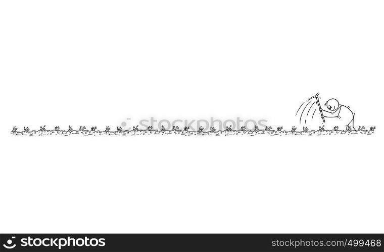 Cartoon stick figure drawing conceptual illustration of poor farmer enjoying hard working with hoe on the field. Long horizontal graphic or design element.. Cartoon of Man or Farmer Enjoying Working Hard With Hoe on the Field, Long Horizontal Graphic Element