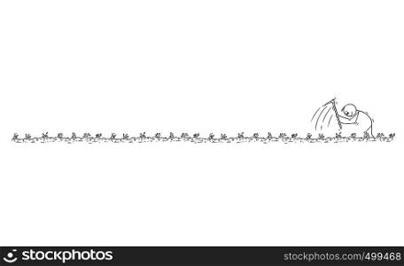 Cartoon stick figure drawing conceptual illustration of poor farmer enjoying hard working with hoe on the field. Long horizontal graphic or design element.. Cartoon of Man or Farmer Enjoying Working Hard With Hoe on the Field, Long Horizontal Graphic Element