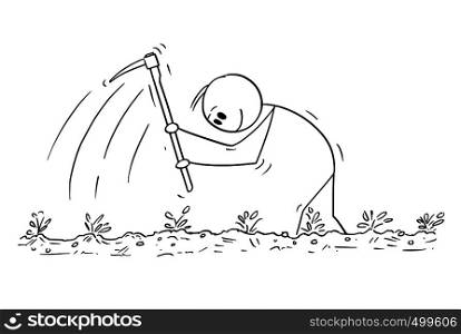 Cartoon stick figure drawing conceptual illustration of poor farmer enjoying hard working with hoe on the field.. Cartoon of Man or Farmer Enjoying Working Hard With Hoe on the Field